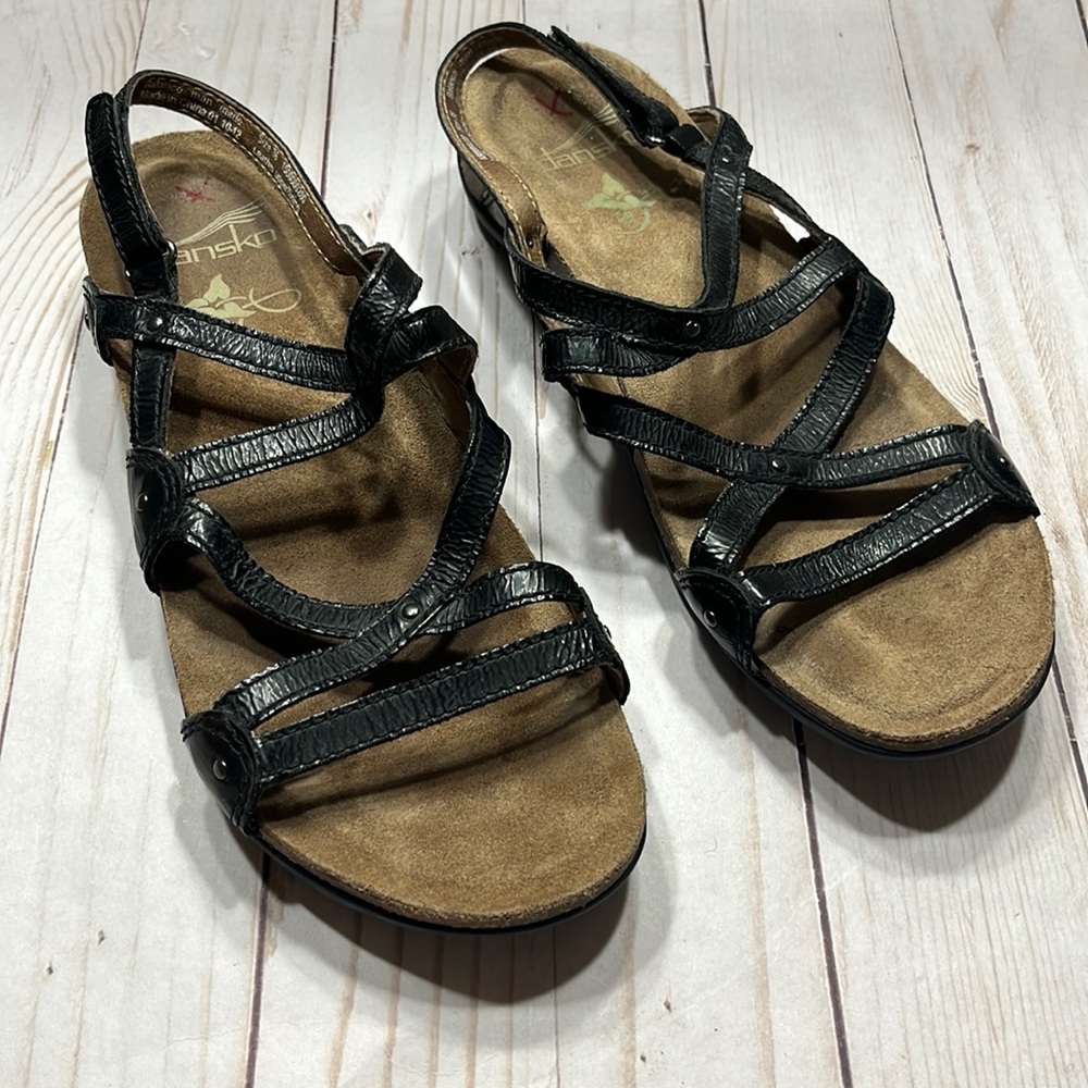 Dansko Roslyn Black Leather Hook & Loop Strap Sandals Size 36